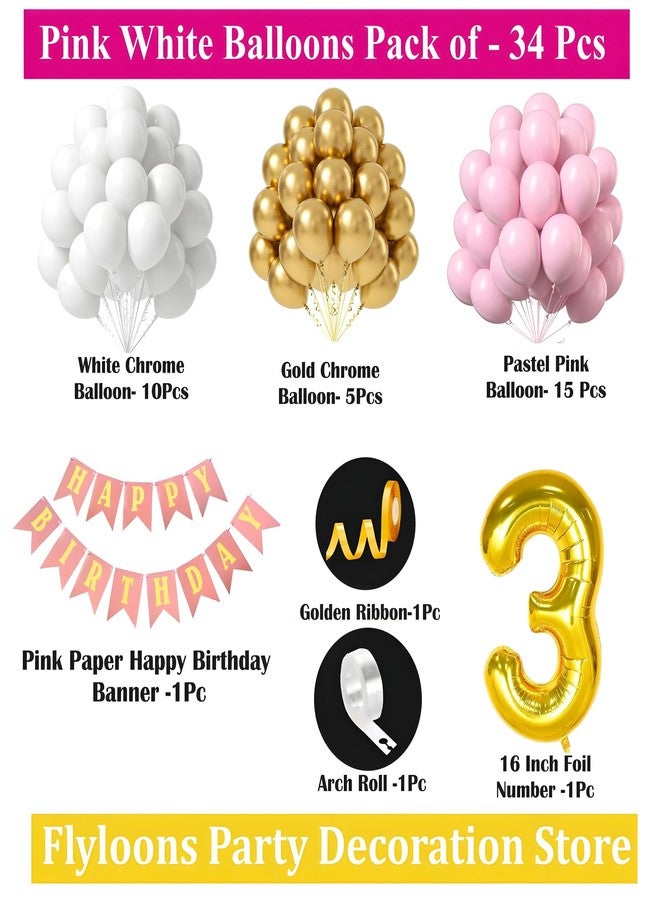 Flyloons 3rd Birthday Decoration Items Pink and White Theme Combination for Girls Princes | 30 Pcs Pink White Gold Balloons | Pink Happy Birthday Paper Banner | Arch Tape - Image 2